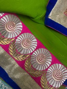 Pink &amp; Green Saree With Bluse And Petticoat