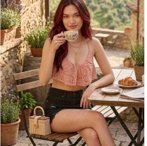 Cute Pink Bikini Top with Lace Trim
