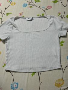 White Ribbed Square Neck Cropped Top