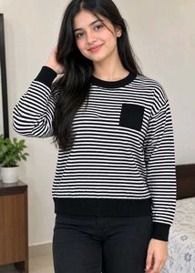 Striped Knit Sweater with Pocket