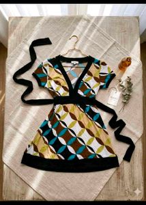 Retro Geometric Print Wrap Dress