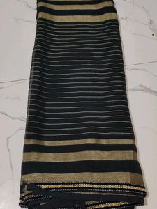 Elegant Black Striped Saree with Gold Border