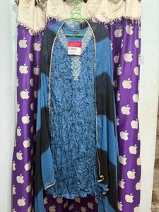 Blue &amp; Black Tie-Dye Kurta set with Embroidery