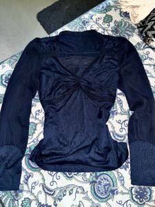 Elegant navy blue Sheer Sleeve Top