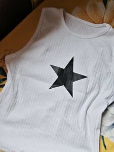 White Ribbed Tank Top with Black Star