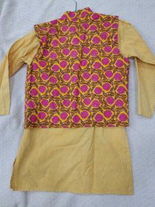 Yellow Kurta Set with printed Jacket