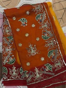 Embroidered Orange Saree