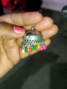 Boho Silver Jhumka Earrings with Colorful Beads