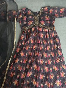 Beautiful Floral Print Anarkali Gown with black ne