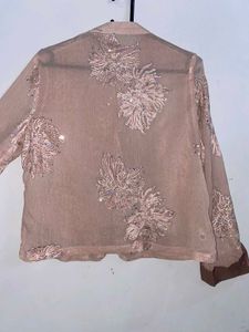 Sheer Embellished Mandarin Collar shirt