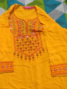 Yellow Embroidered Kurta with Mirror Work
