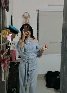 Grey Striped Off-Shoulder Co-ord Set