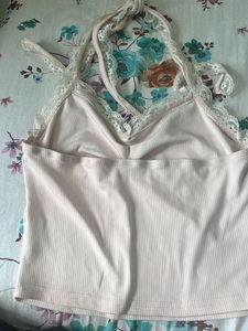 Cute Pink Lace Trim Halter Top