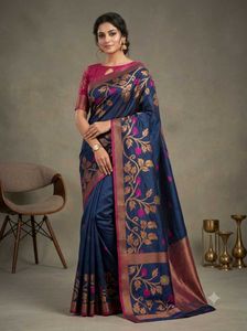 Elegant Blue Floral Silk Saree