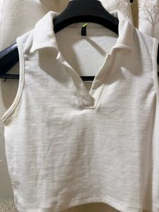 Sleeveless White Collared Top