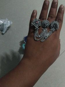 Oxidised Silver Finger Ring Set with Chains