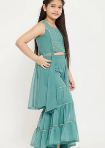 Teal Sharara Set with Crop Top