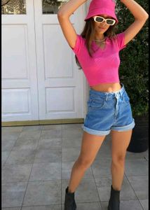 Hot Pink Ribbed Cropped Polo Shirt
