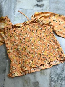 Orange Floral Smocked Puff Sleeve Top