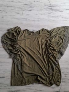 Stylish Olive Green Lace Sleeve Top