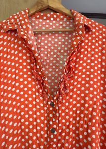 Orange Polka Dot Button-Up Top