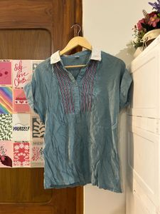 Casual Teal Button-Up Blouse