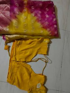 Organza Saree Yellow And  Rani Colour