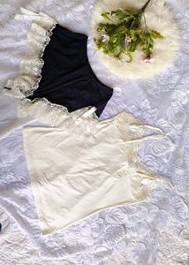 Lace Trimmed Cream Camisole &amp; Black Shorts Set