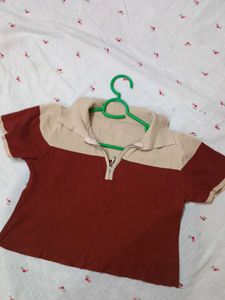Retro Style Color Block Zip Polo Top