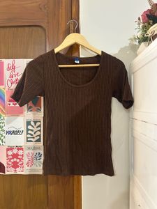 Brown Ribbed Scoop Neck Top