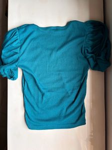 Teal Ribbed Puff Sleeve Top