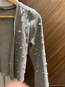 ZARA Grey Pearl Embellished Woolen Shrug