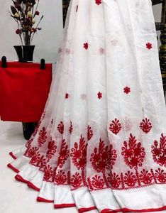 Elegant White Saree with Red Embroidery