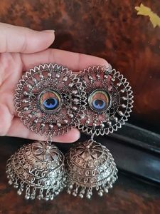 Silver Peacock Jhumka Earrings