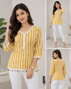 Short Kurti Stylish Yellow Striped Tunic with Tass