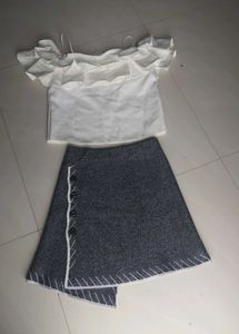Grey Melange Jersey A-Line Mini Skirt with Buttons