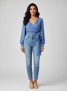 Blue Wrap V-Neck Long Sleeve Top