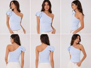 One-Shoulder Ruffle Top (Baby Blue) – Siz