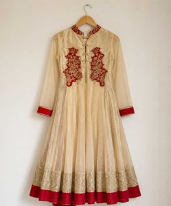 Cream &amp; Red Embroidered Anarkali Suit