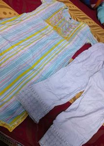 Striped Kurta with Embellished Neckline