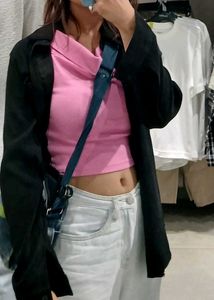 Pink Cowl Neck Crop Top
