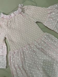 Pink Polka Dot Off-Shoulder Dress