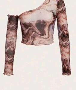 Trendy Marble Print One Shoulder Full Sleeve Crop