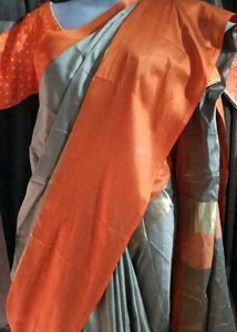 New Elegant Grey&amp;Orange LaceBorder CottonSilk Sar