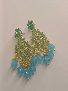 Aqua &amp; Gold Tone Dangle jhumka Earrings