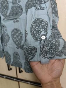Light Blue Bird Print Button-Up Shirt