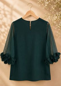 Elegant Green V-Neck Top with Floral Detail