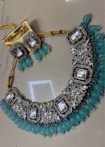 Teal Beaded Silver Necklace &amp; Earring Set