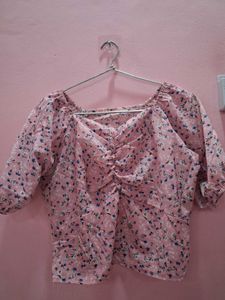 Pink Floral Ruched Puff Sleeve Top