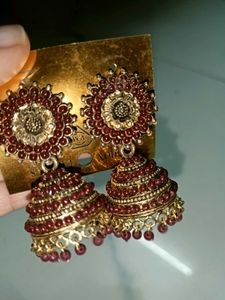 Maroon &amp; Gold Jhumka Earrings